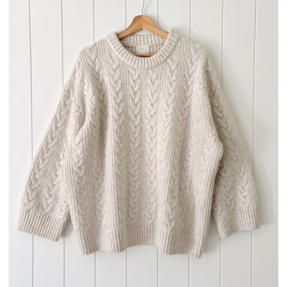 H&M Oversized Chunky Cable Knit Sweater Cream Alpaca Wool Blend XL Fishermen